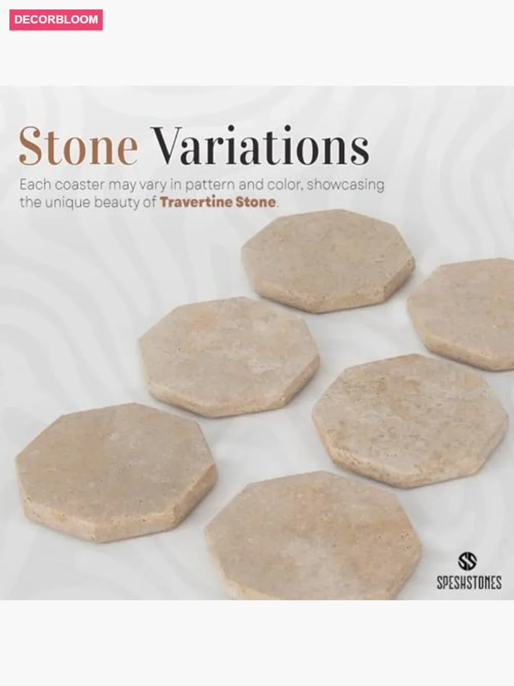 Set of 6 Travertine Marble Drink Coasters Octagon Shape with Felt Bottom